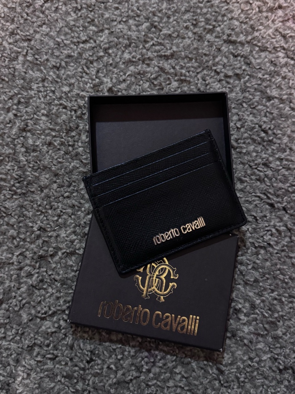 Roberto Cavalli Black Leather Card Holder with Gold Logo